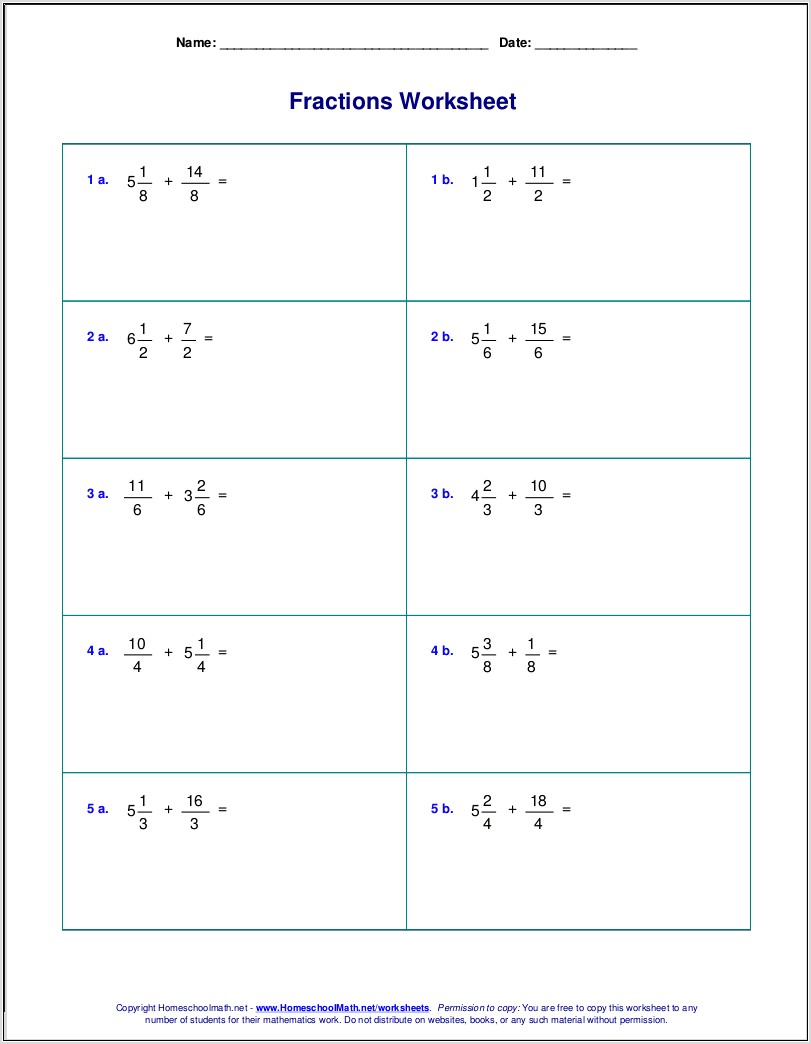 Worksheets Fractions And Mixed Numbers