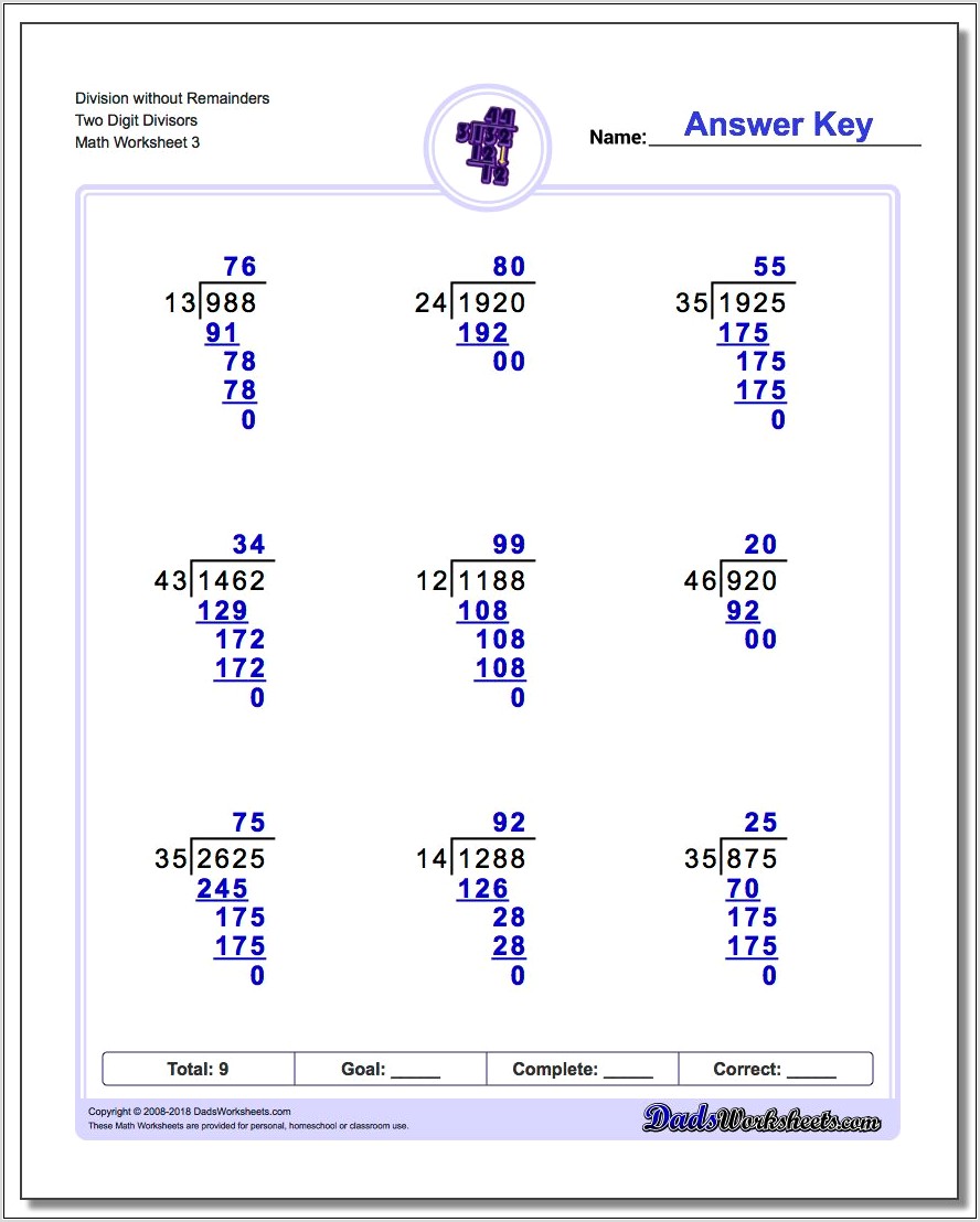 Worksheets On Dividing Whole Numbers Without Remainders