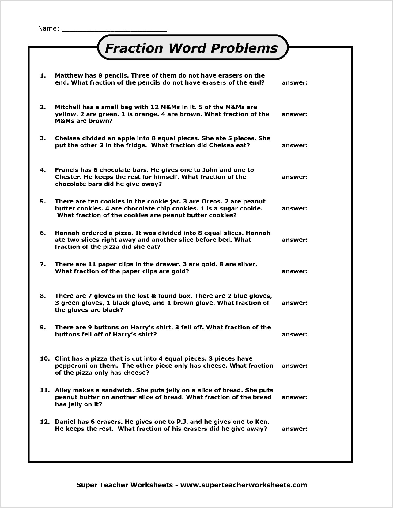Worksheets On Word Problems In Fractions