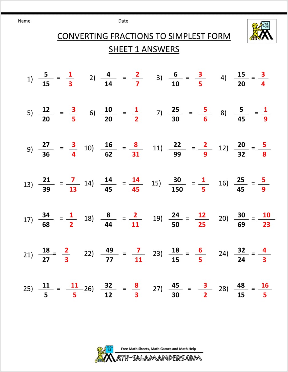 Worksheets Simplifying Fractions 5th Grade