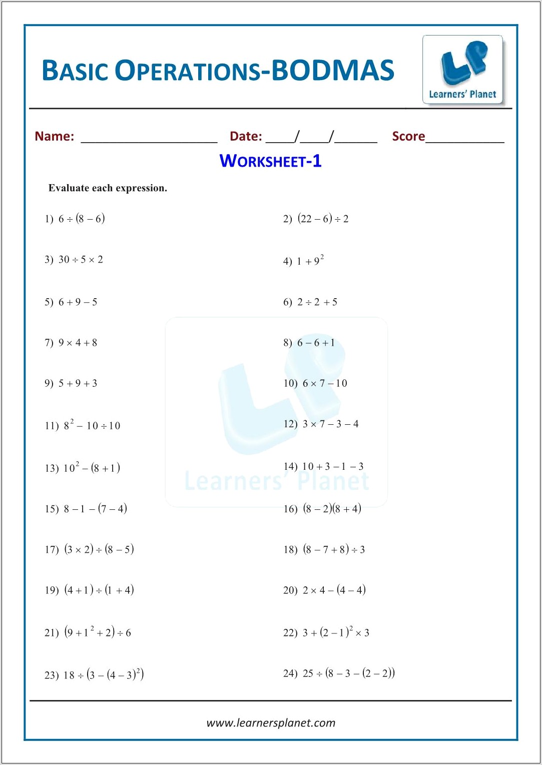 Worksheets Using Order Of Operations