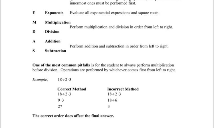 Worksheets With Order Of Operations And Exponents