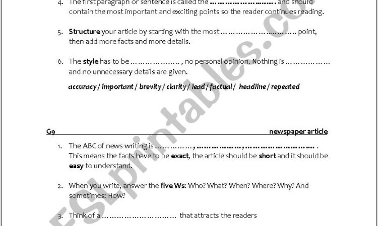 Write A Newspaper Article Worksheet