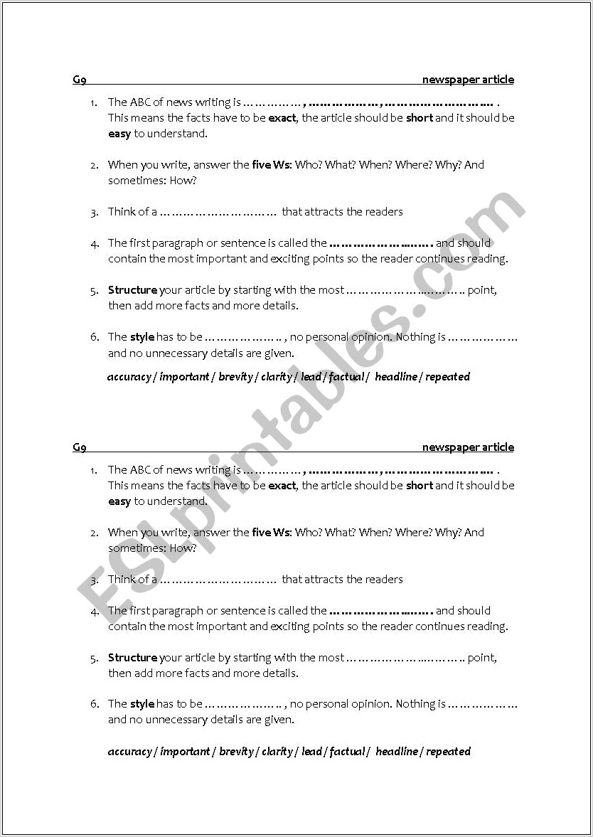 Write A Newspaper Article Worksheet