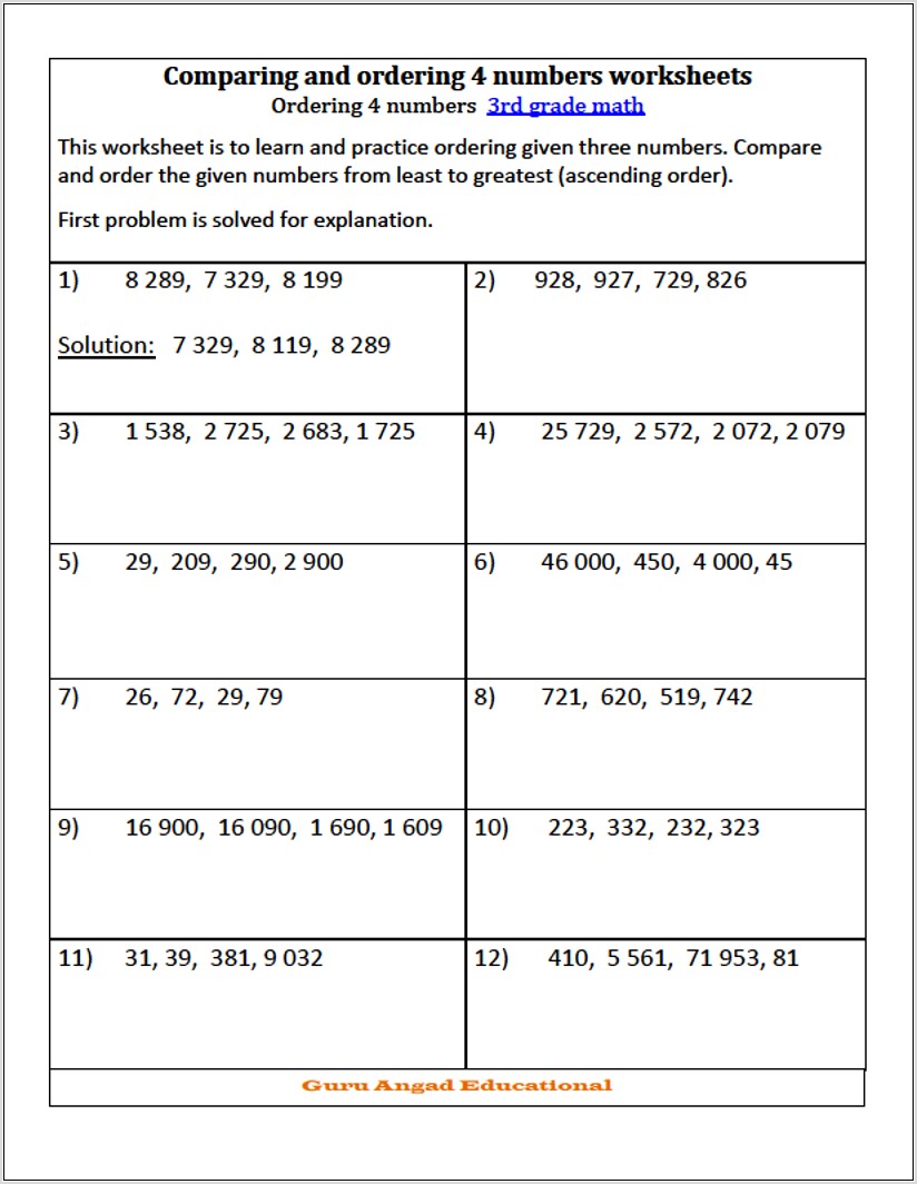 Writing And Ordering Numbers Worksheet