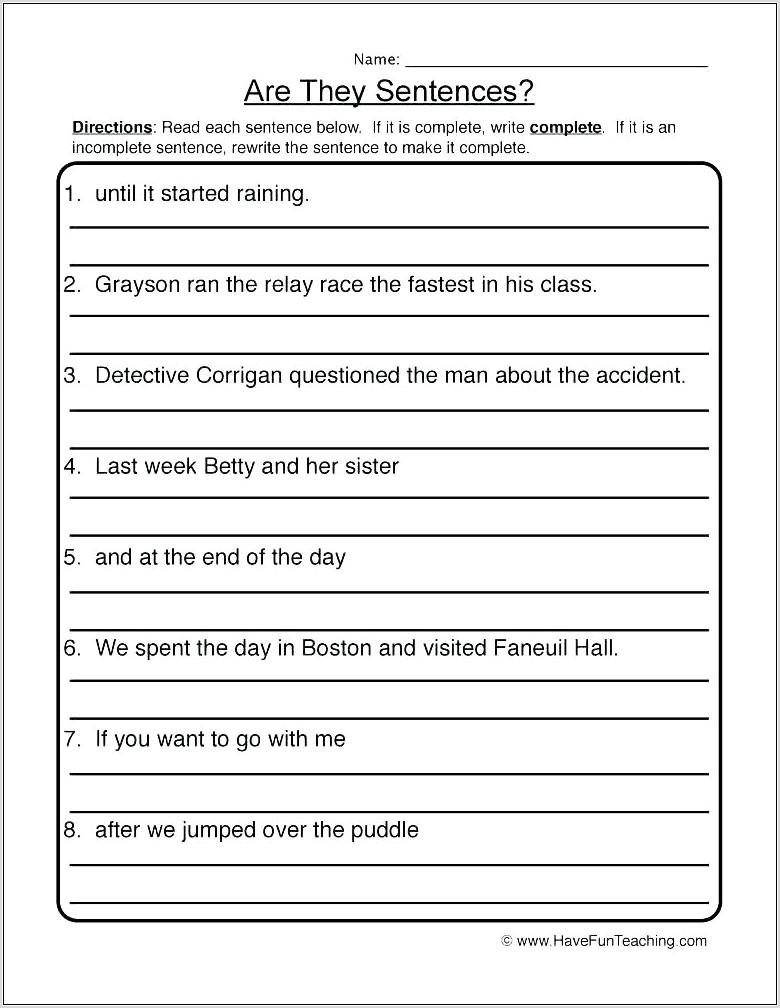 Writing Complete Sentences Worksheets 4th Grade