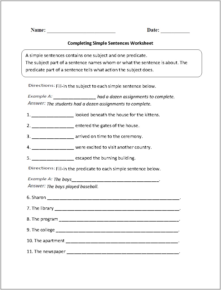 Writing Complete Sentences Worksheets 7th Grade