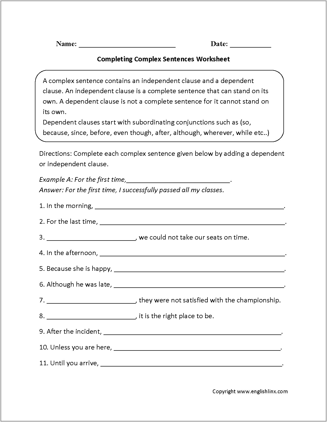 Writing Complex Sentences Worksheet Middle School