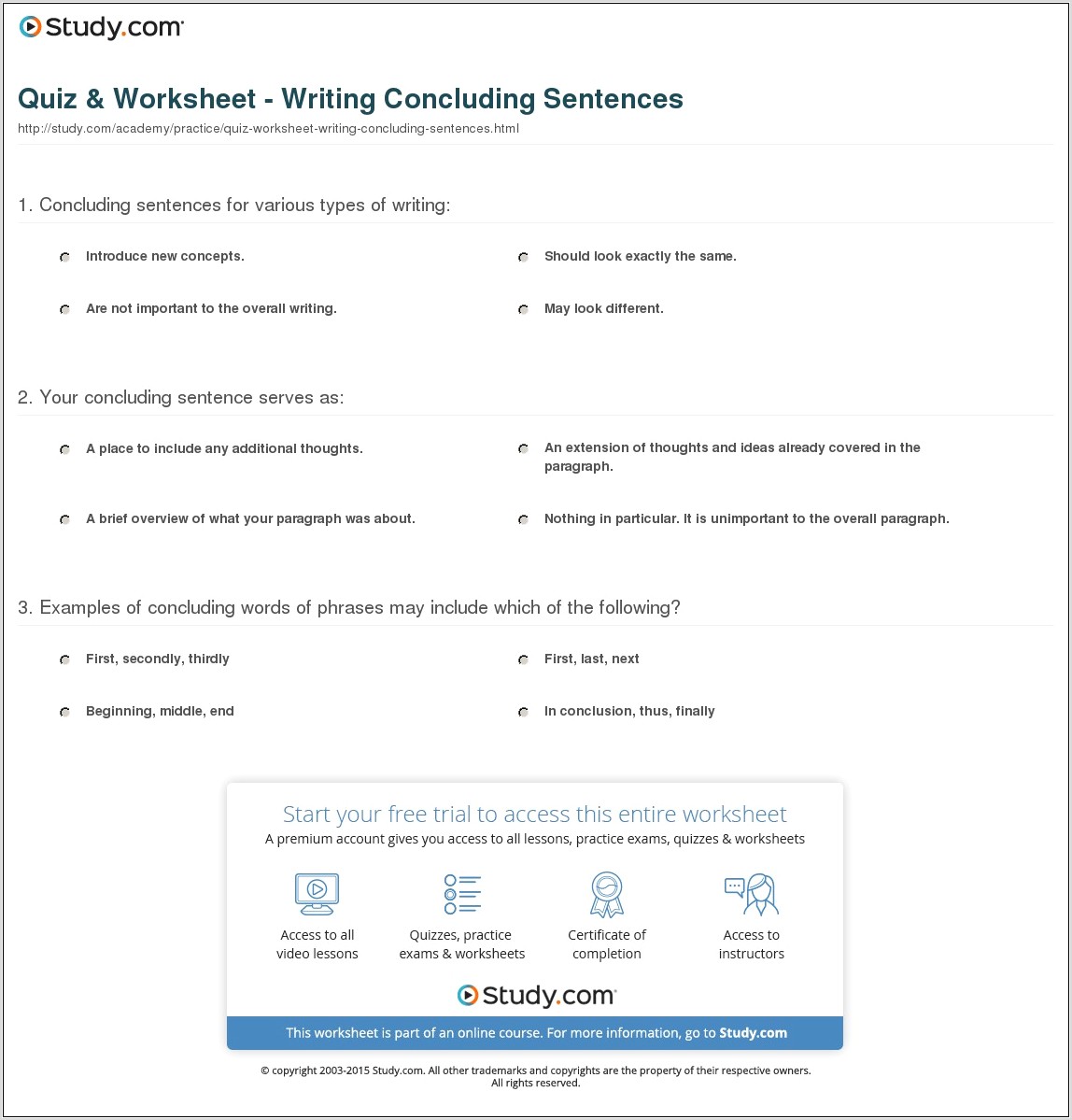 Writing Concluding Sentences Worksheet