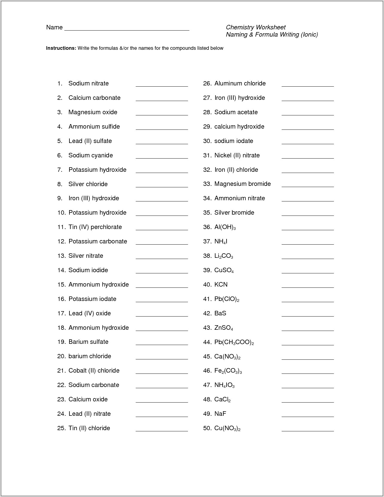Writing Formulas And Naming Compounds Worksheet Reinforcement