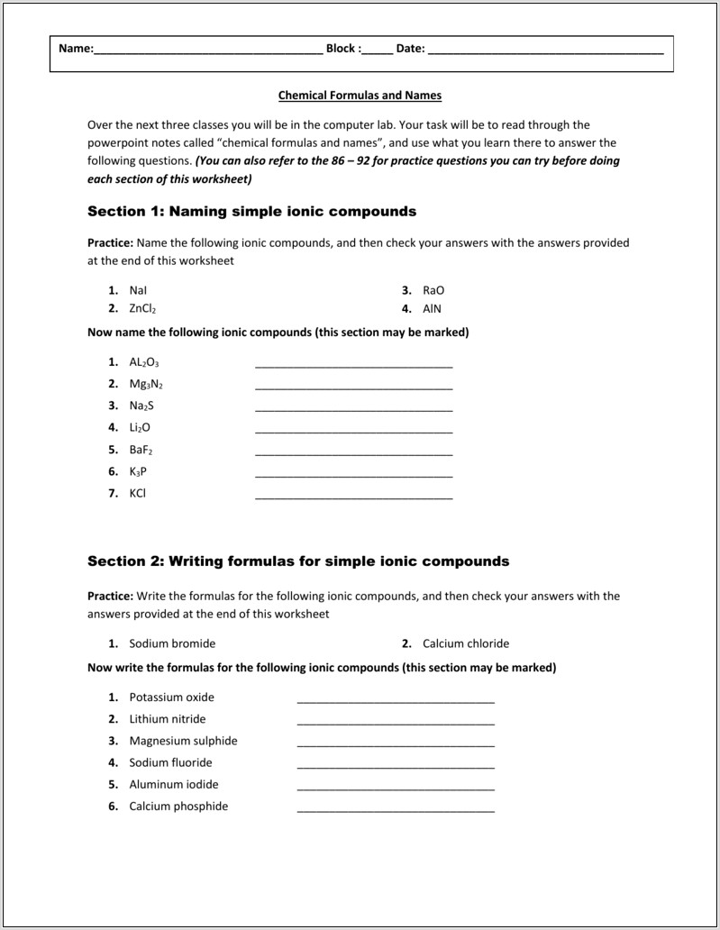 Writing Formulas From Names Worksheet With Answers