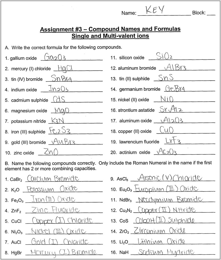 Writing Formulas Worksheet Binary Compounds