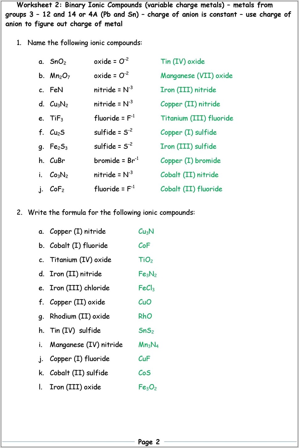Writing Ionic Compounds With Transition Metals Worksheet