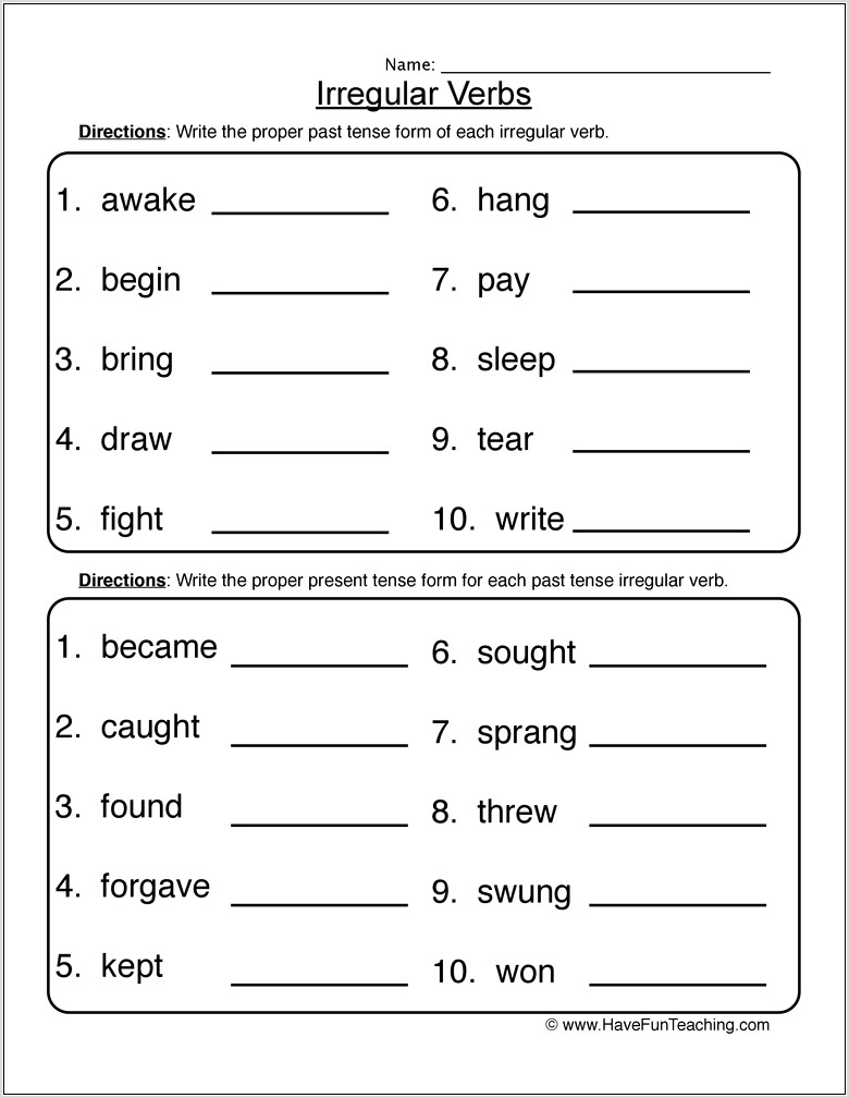 Writing Irregular Verbs Worksheet