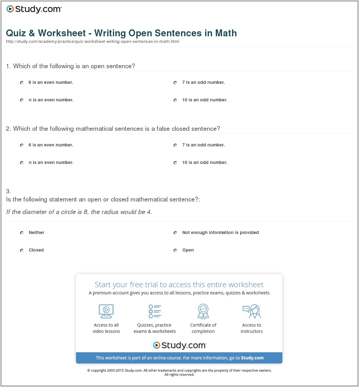 Writing Mathematical Sentences Worksheet