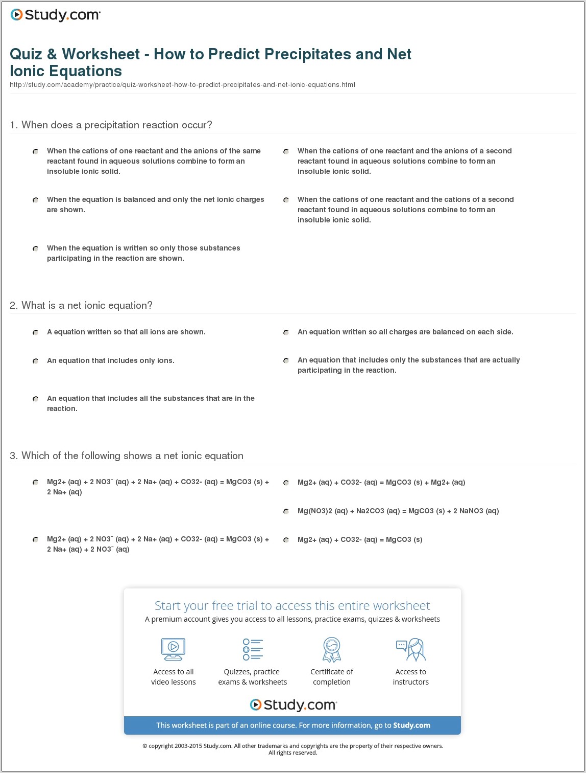 Writing Net Ionic Equations Worksheet With Answers