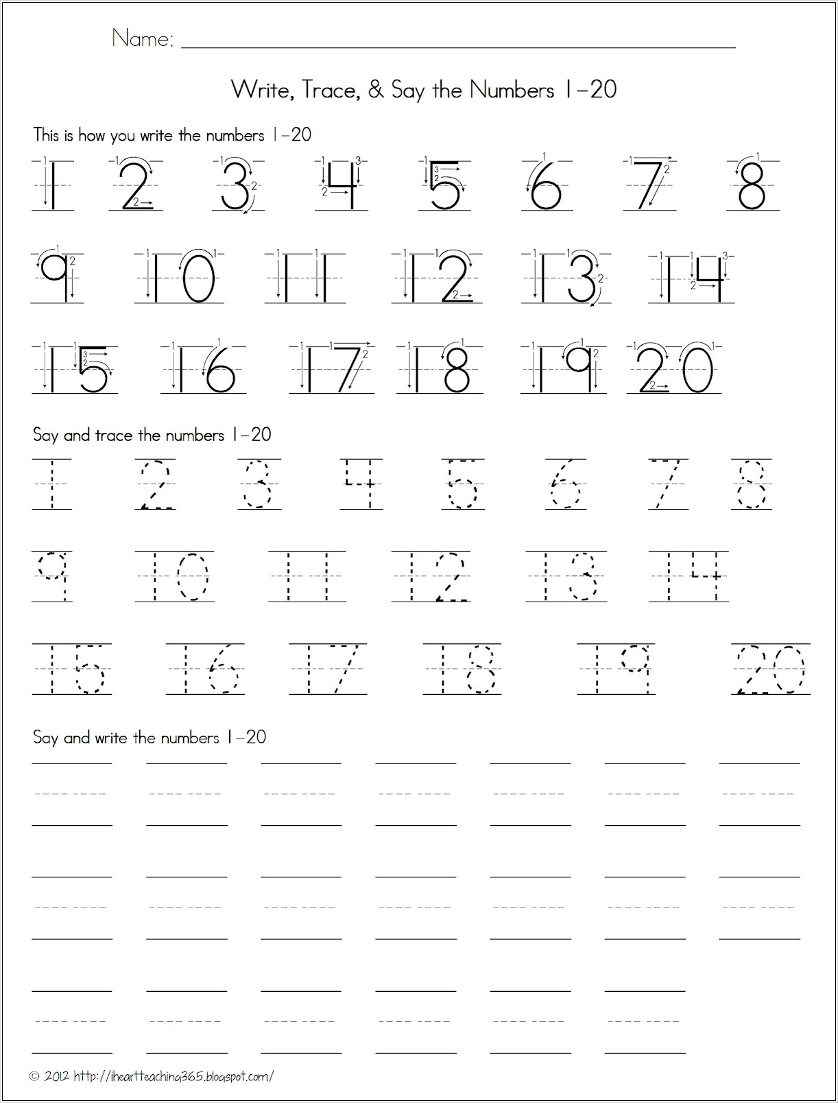 Writing Numbers 1 20 Worksheet Kindergarten