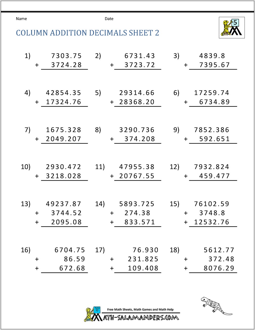Writing Numbers As Decimals Worksheet