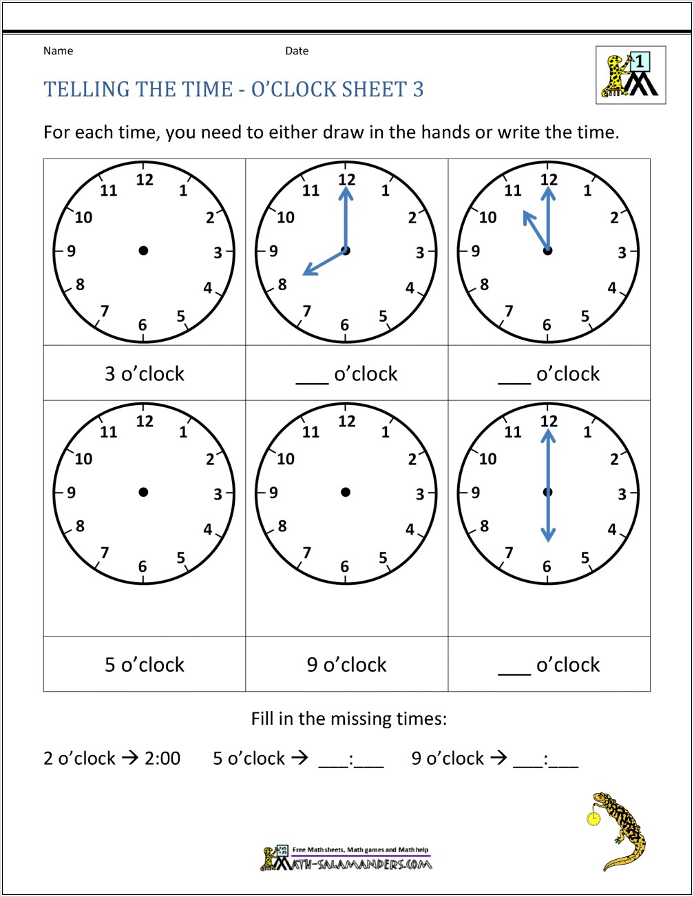 Writing Numbers On A Clock Worksheet