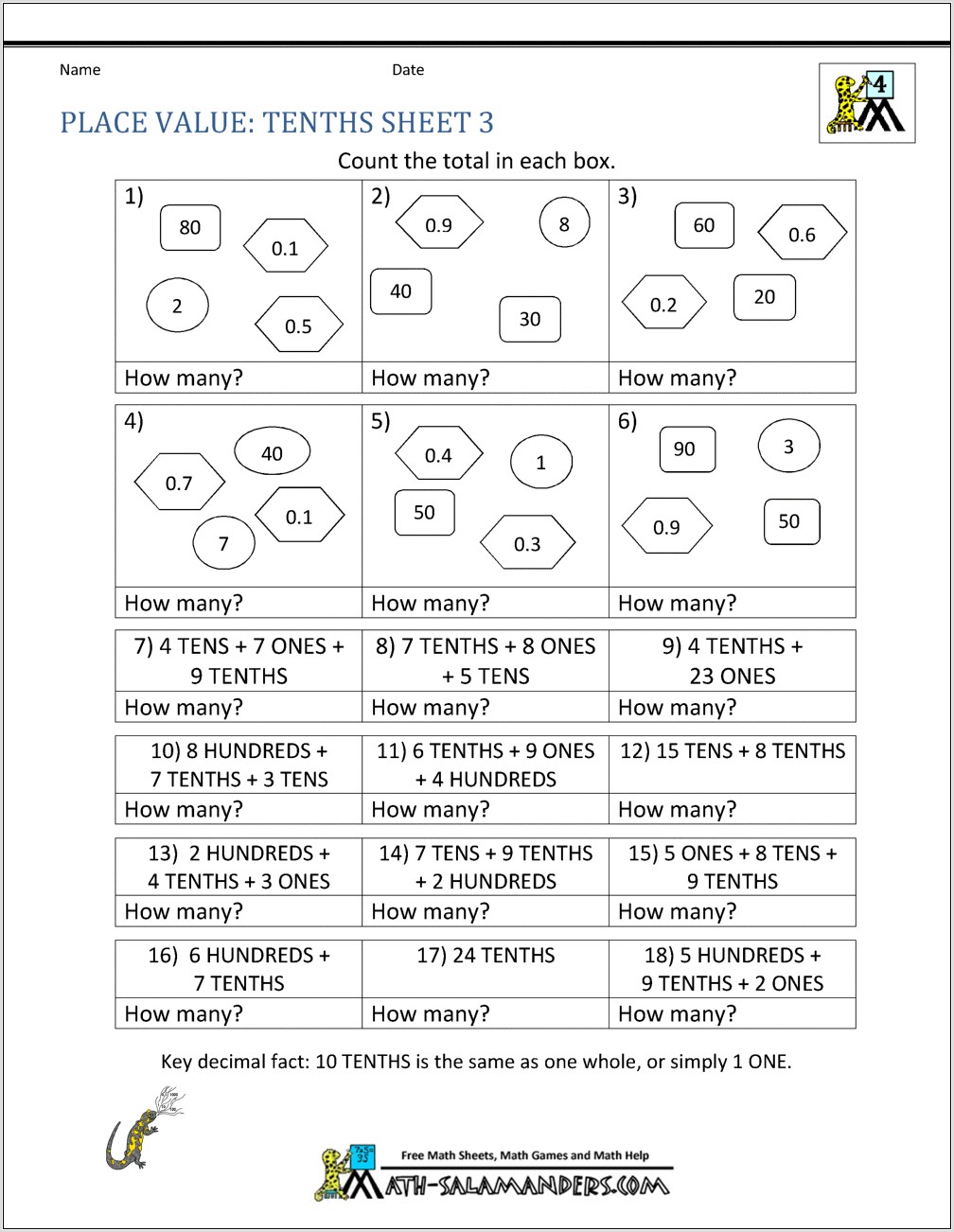 Writing Numbers With Decimals Worksheet