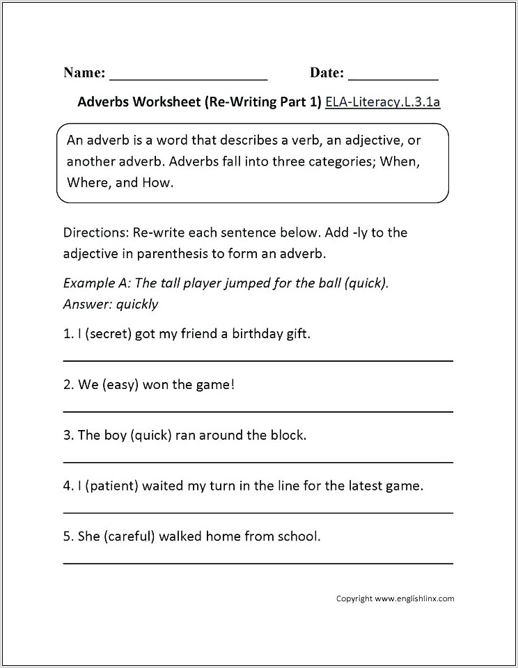 Writing Sentences With Adverbs Worksheets