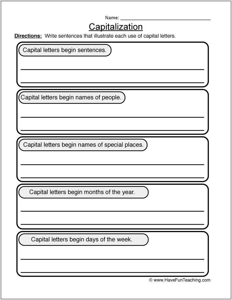 Writing Sentences With Capital Letters Worksheet
