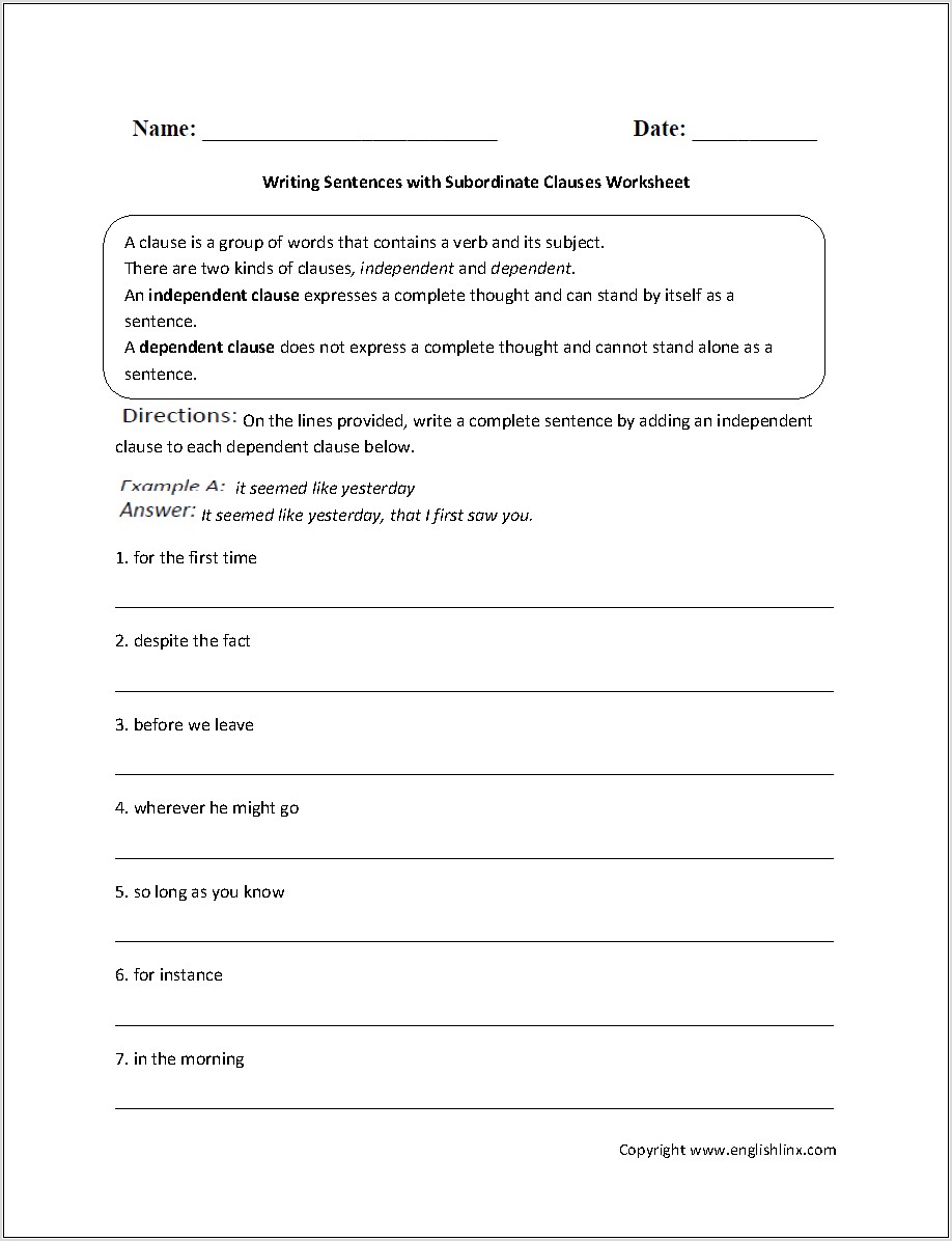 Writing Sentences With Subordinate Clauses Worksheet
