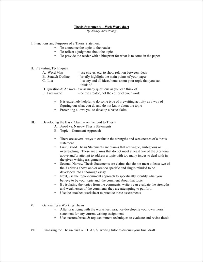 Writing Thesis Statements Worksheet
