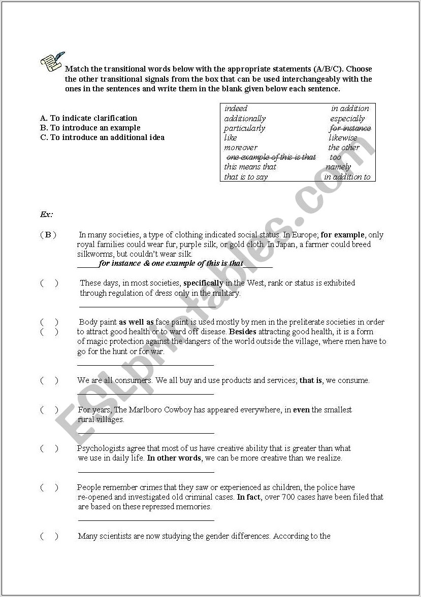 Writing Transition Sentences Worksheet