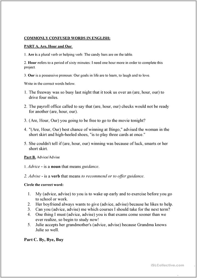 Writing With Commonly Confused Words Worksheet