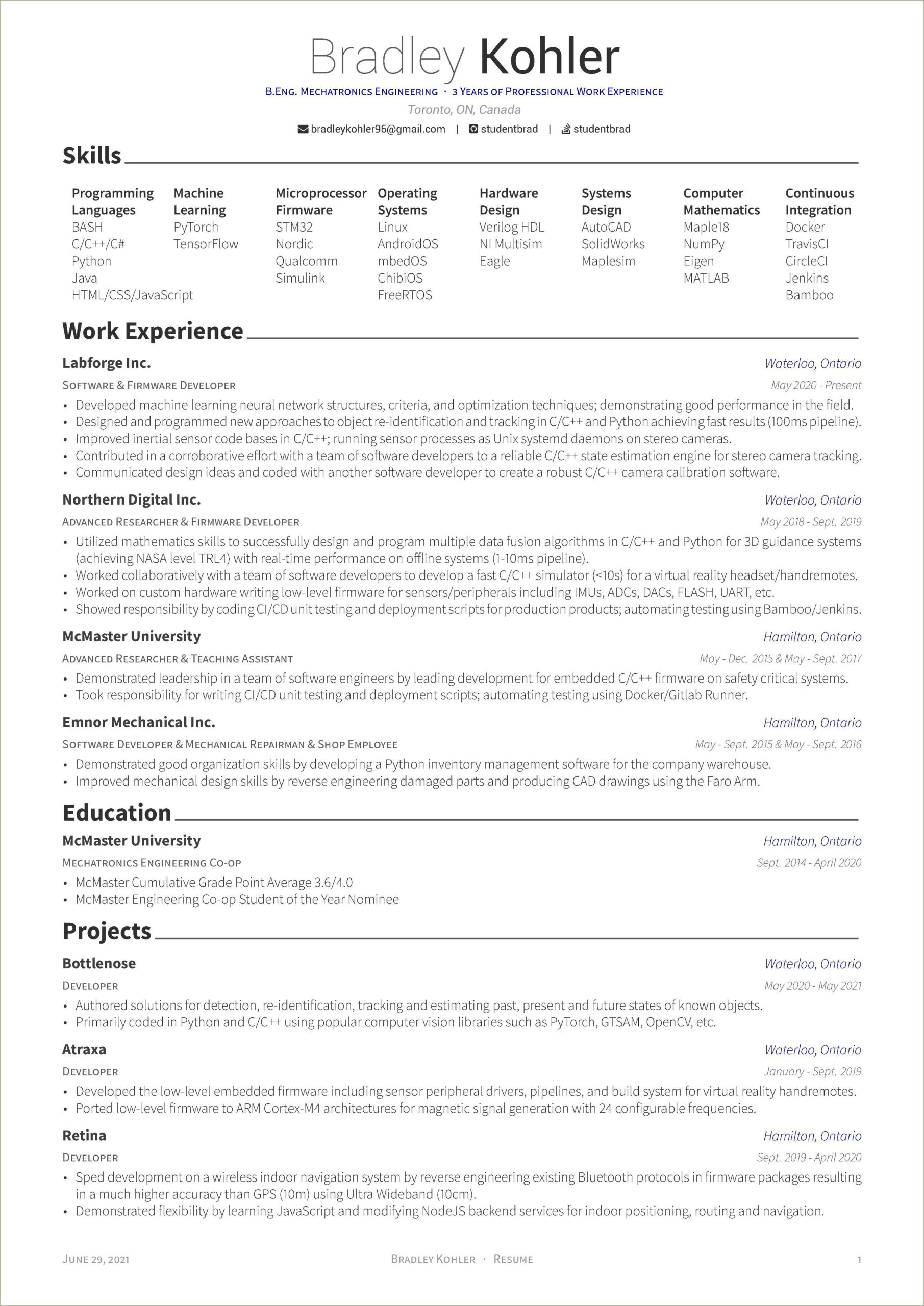 1 Year Experiance Embedded C Resume