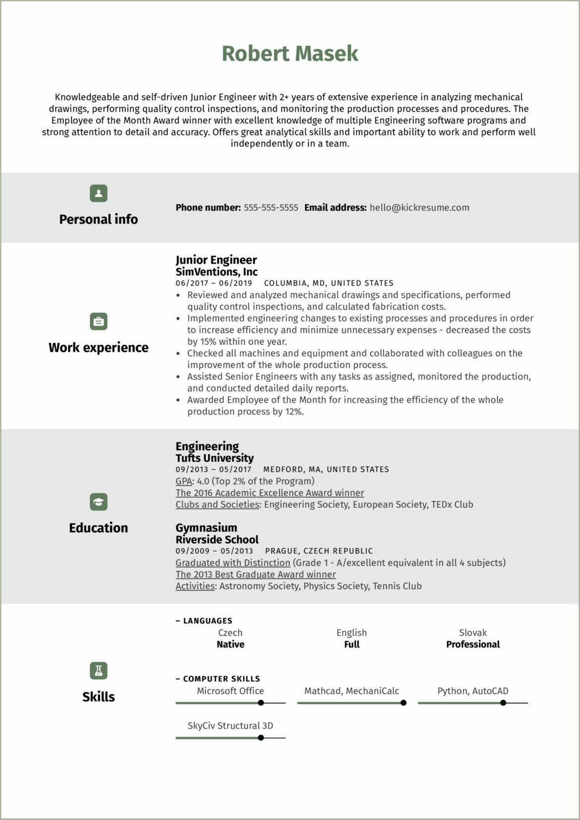 1 Year Experience Engineer Resume Sample