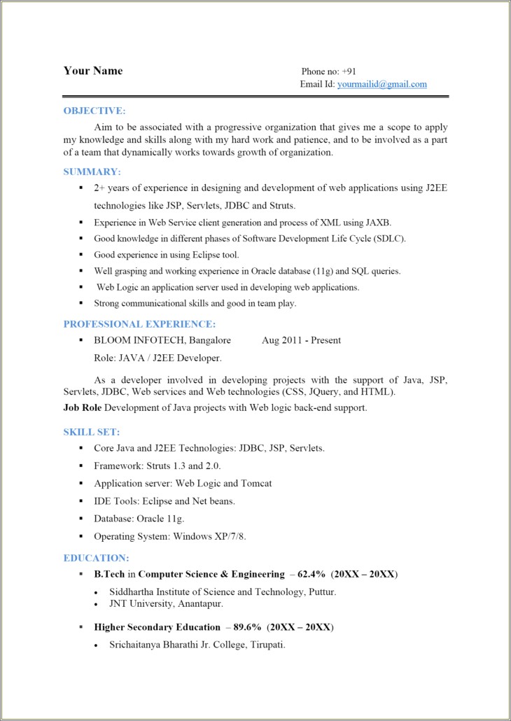 1 Year Experience Java Resume Format