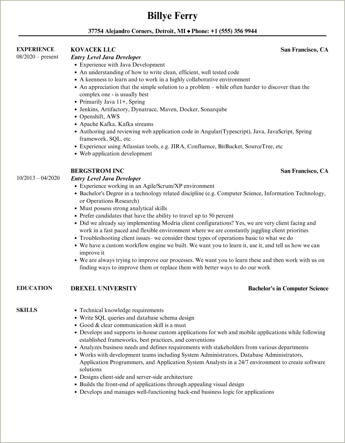 1 Year Experience Java Resume Sample