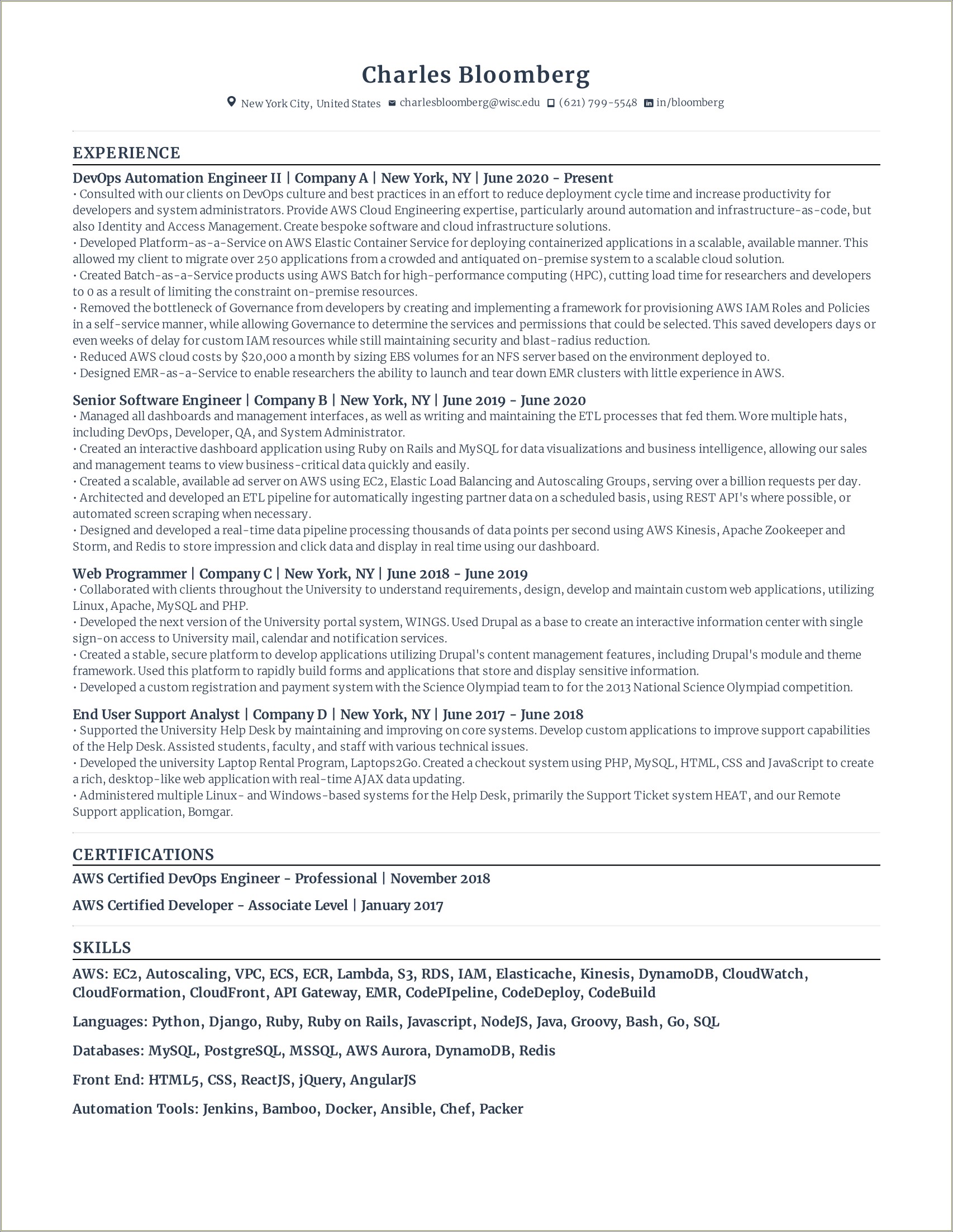 1 Year Experience Resume Format For Devops Engineer