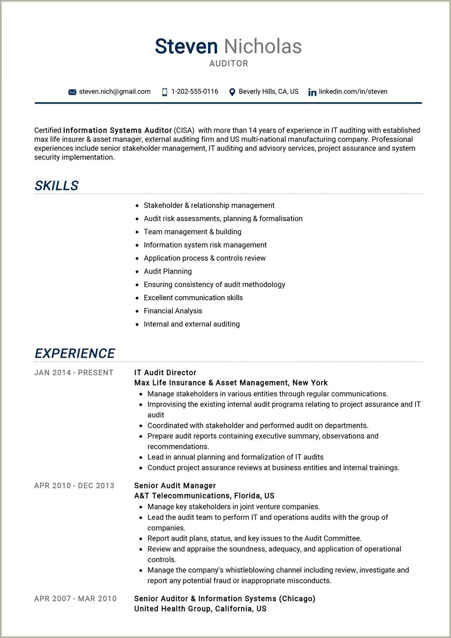 1 Year Experience Resume Format For Internal Audit
