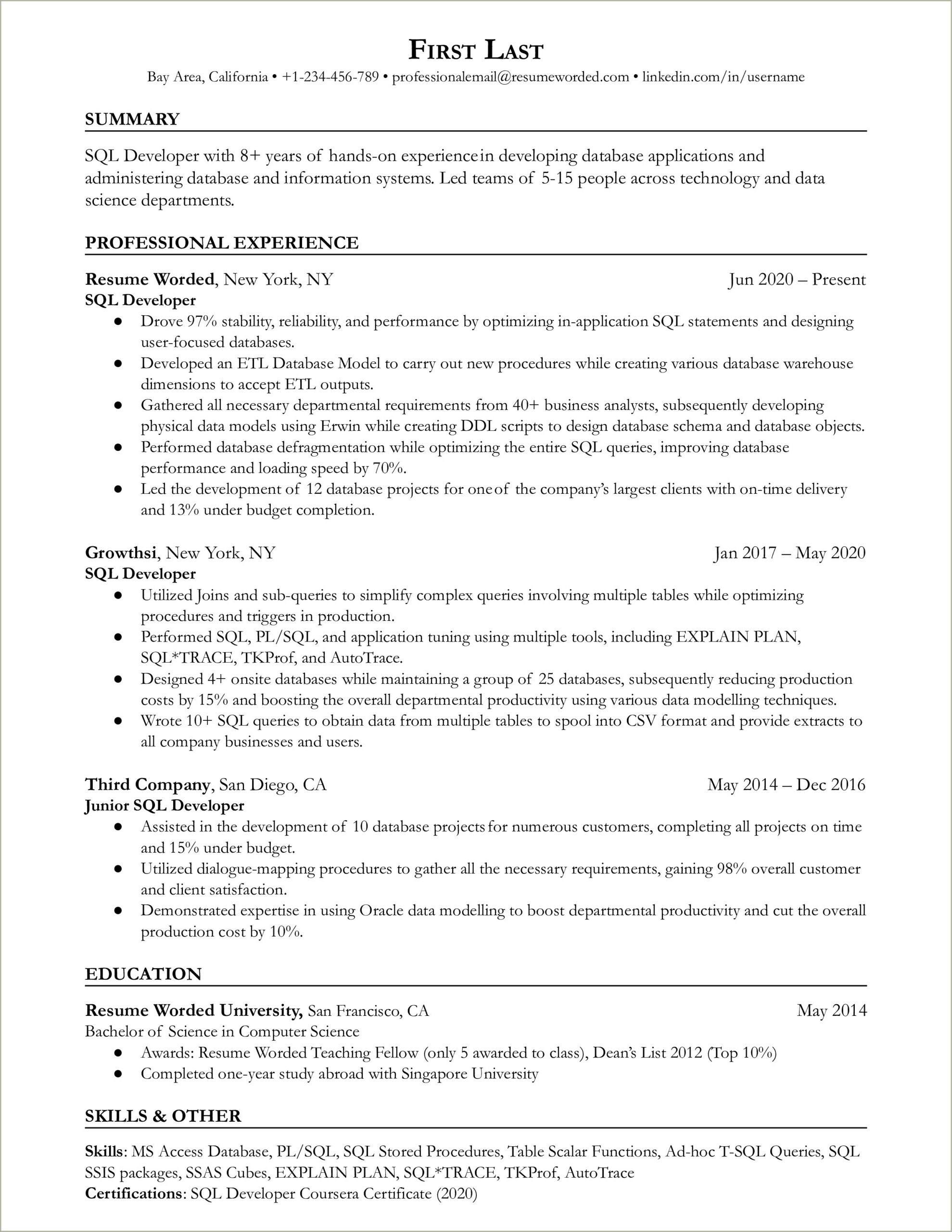 1 Year Experience Resume Format For Sql Developer