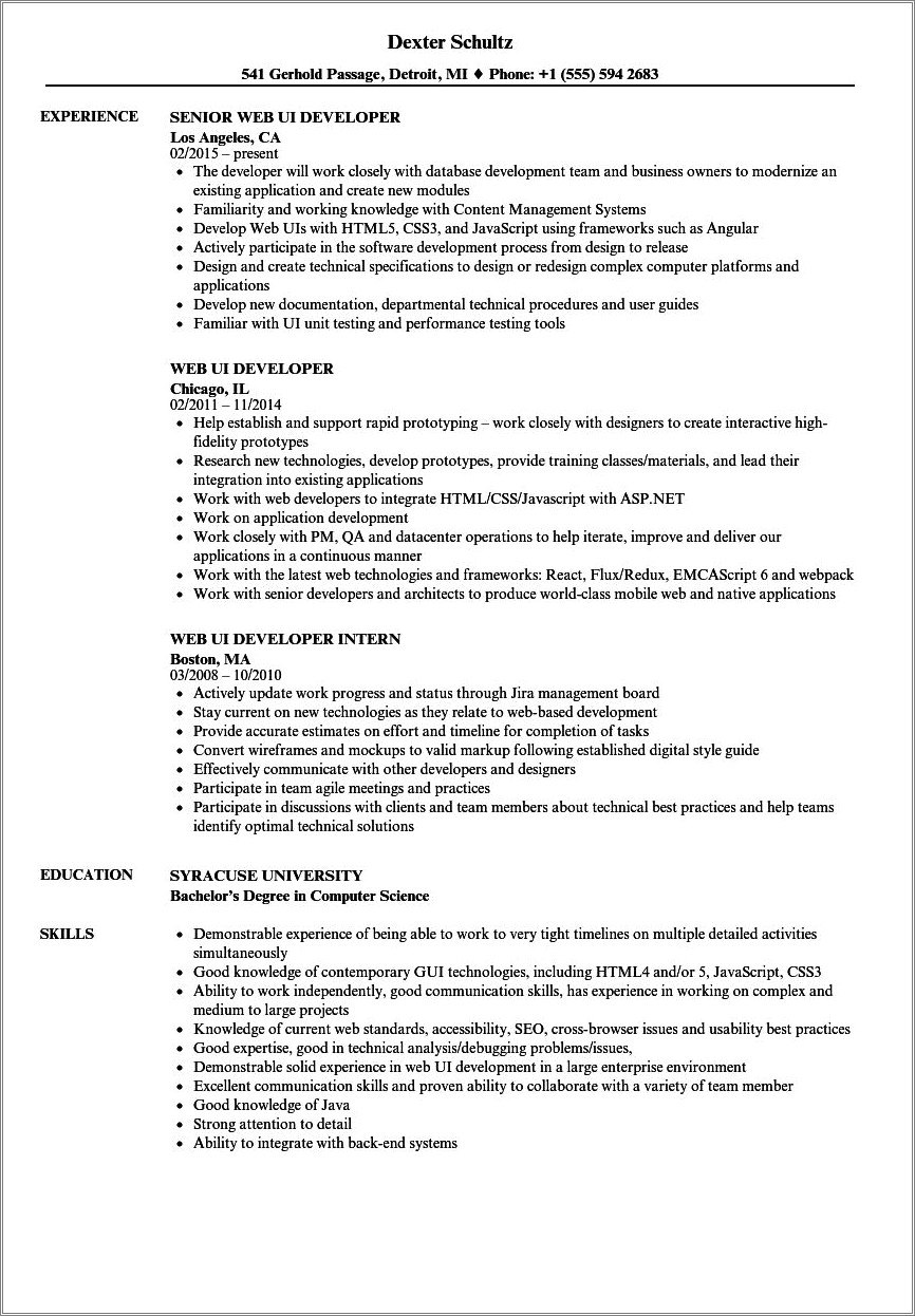 1 Year Experience Resume Format For Ui Developer
