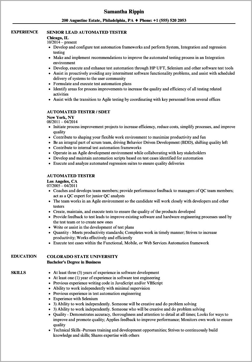 1 Year Experience Resume In Automation Testing