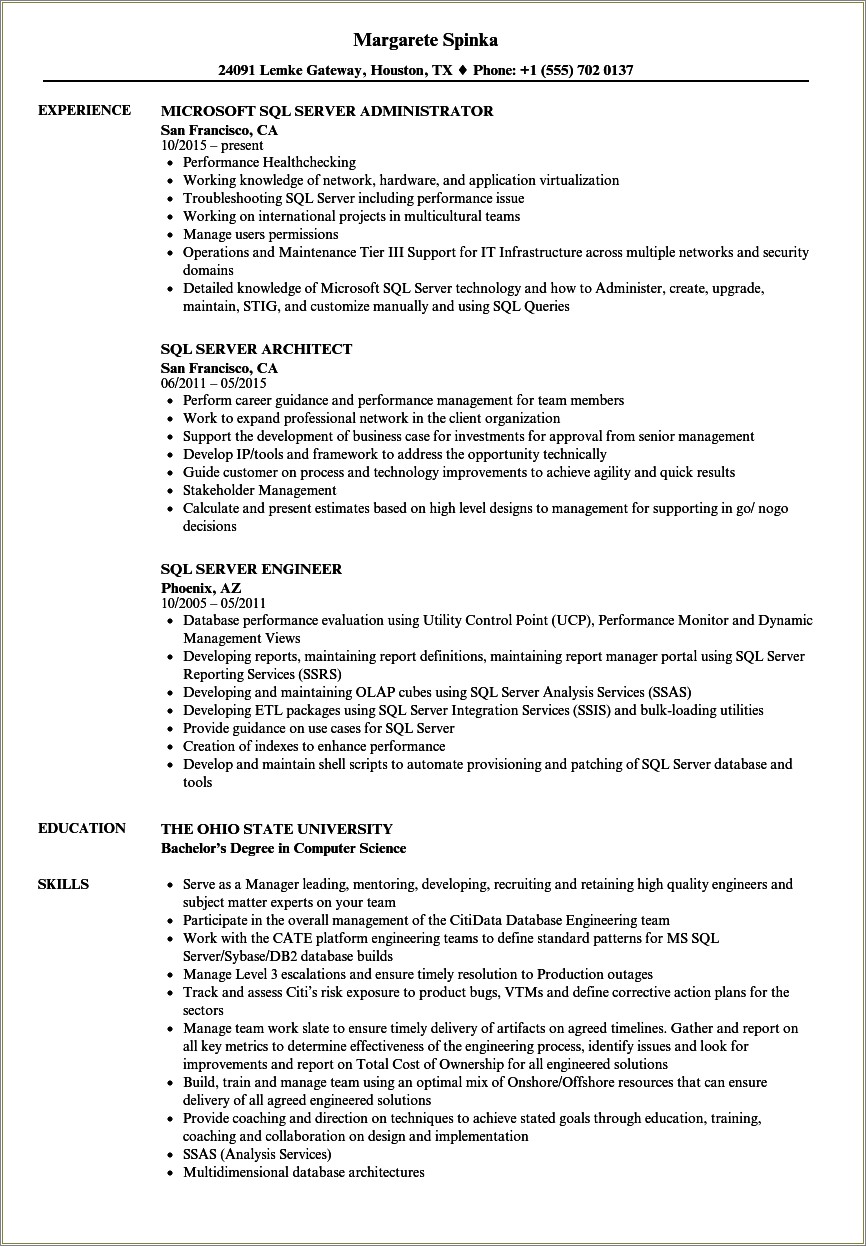 1 Year Experience Roles In Sql Developer Resume