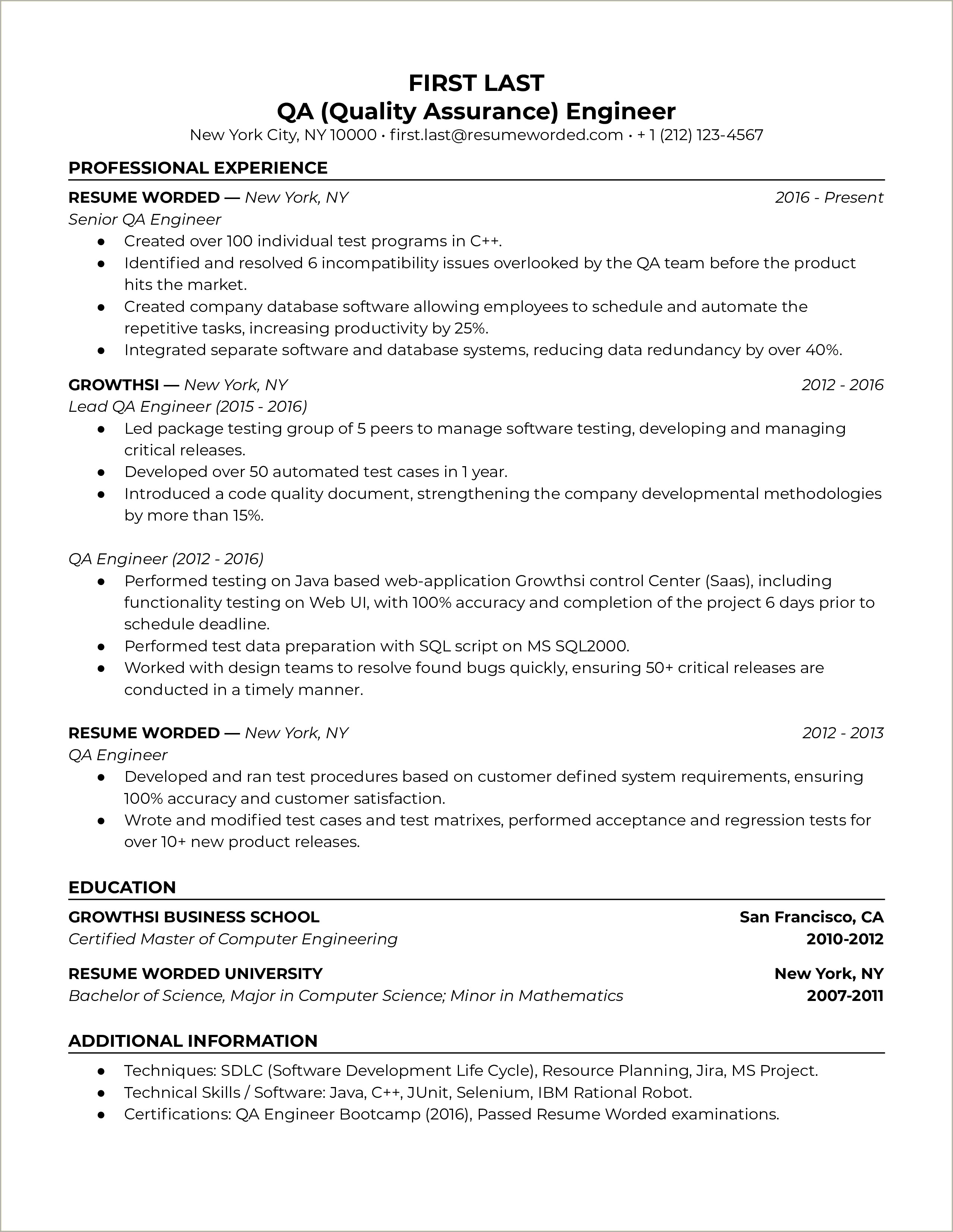 1 Year Quality Control Experience Resume