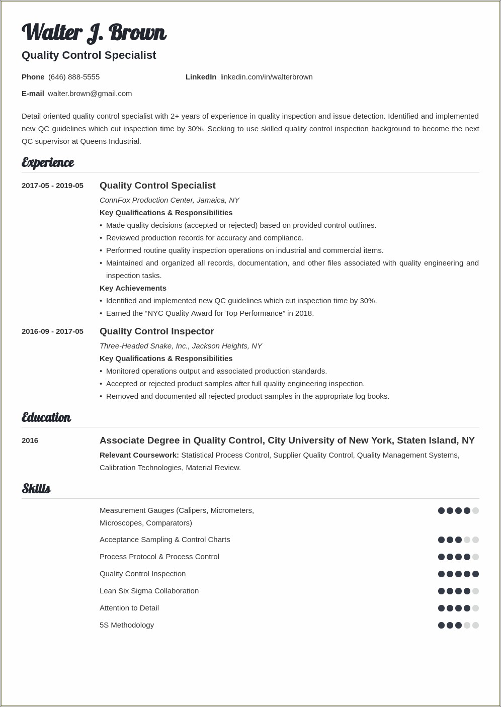 1 Year Qualtiy Contril Experience Resume