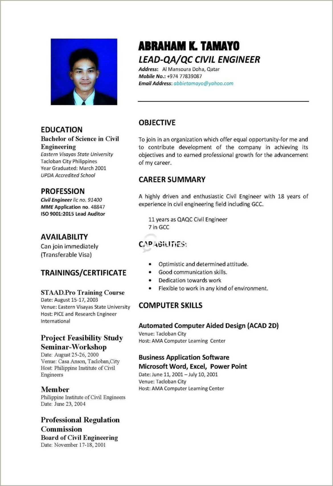 15 Years Experience Engineer Resume