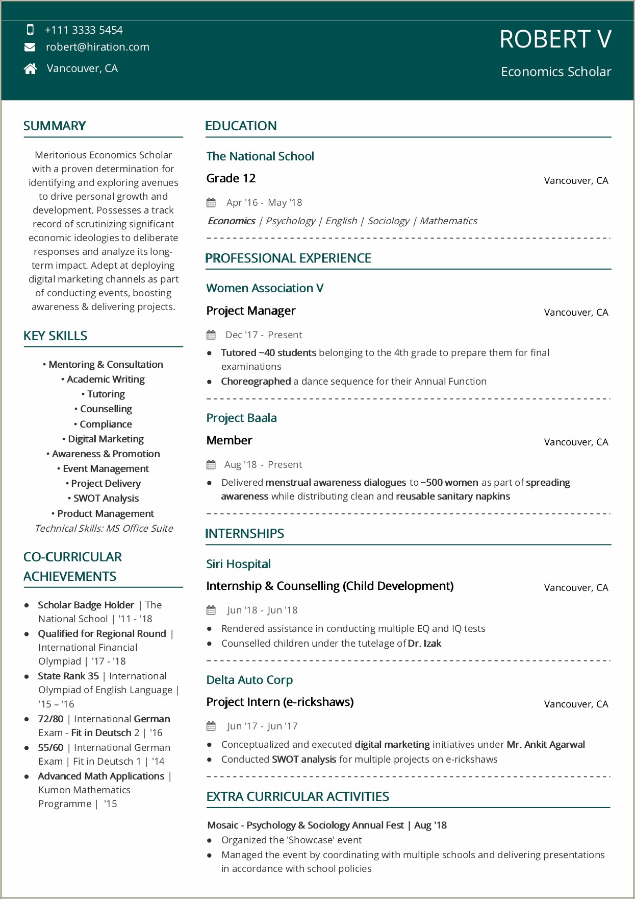 18 Years Old High School Student Resume