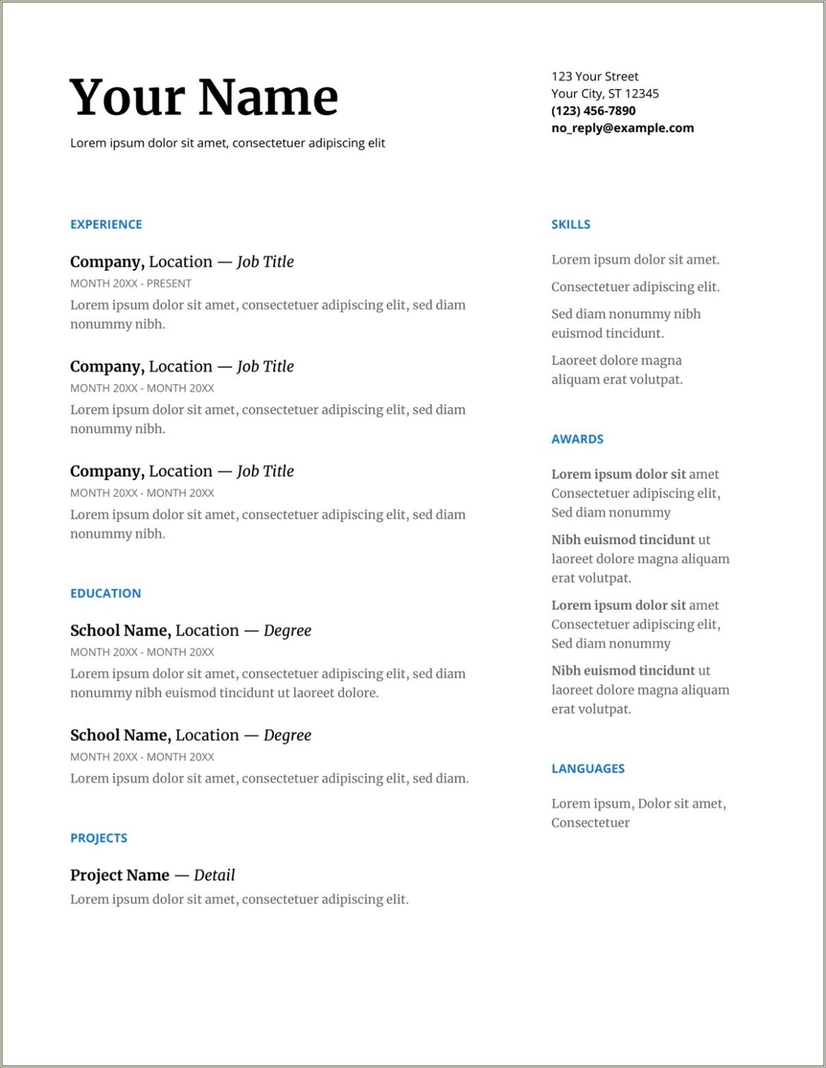 2 Column Resume Template On Google Docs