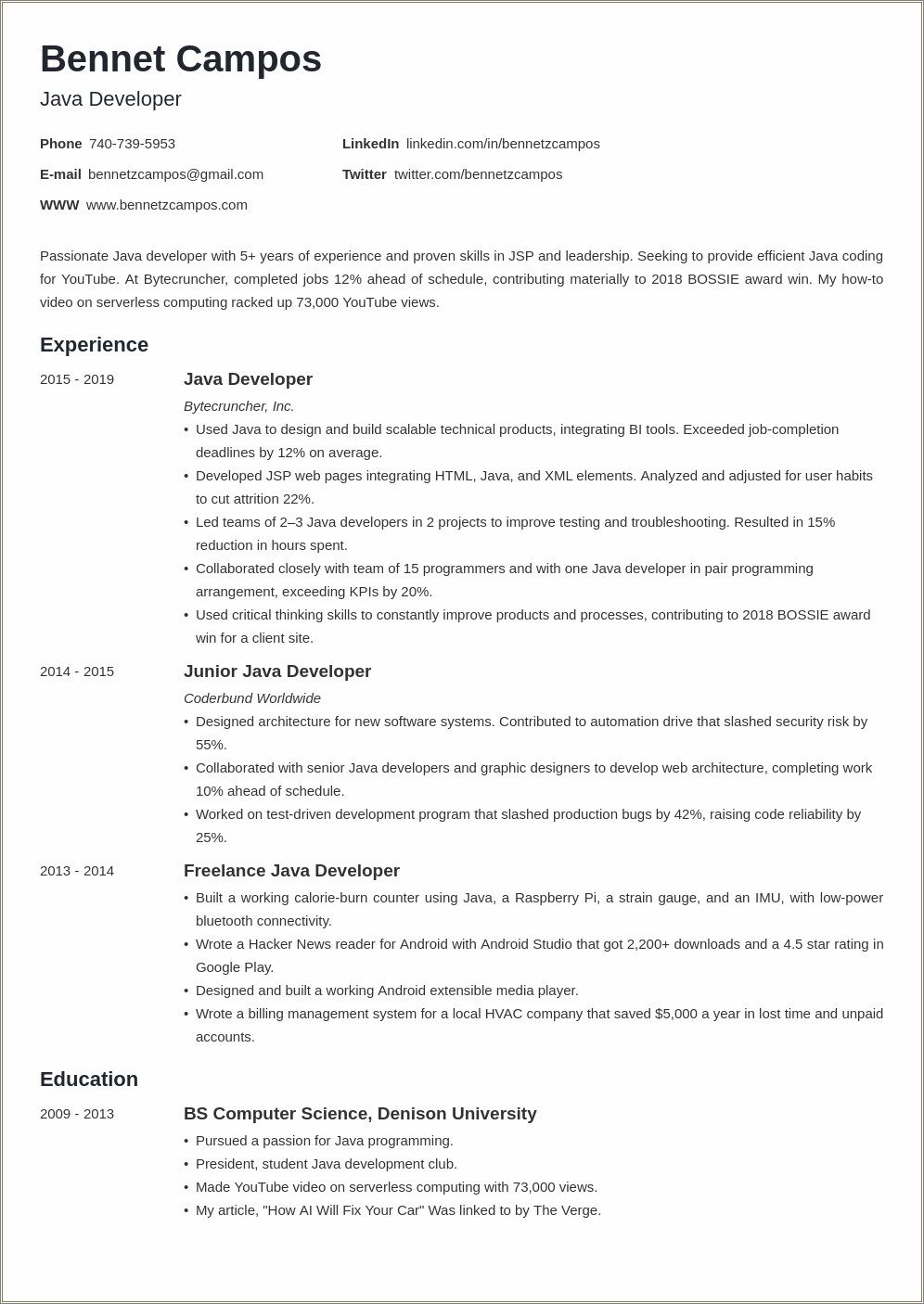2 Year Experience Resume Format For Developer