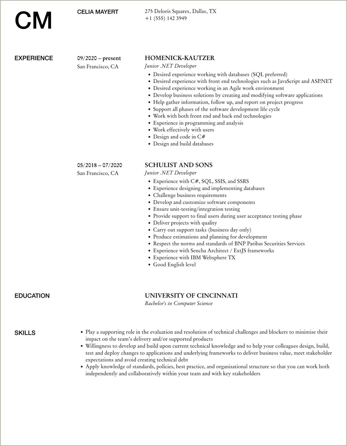 2 Year Experience Resume Format For Net Developer