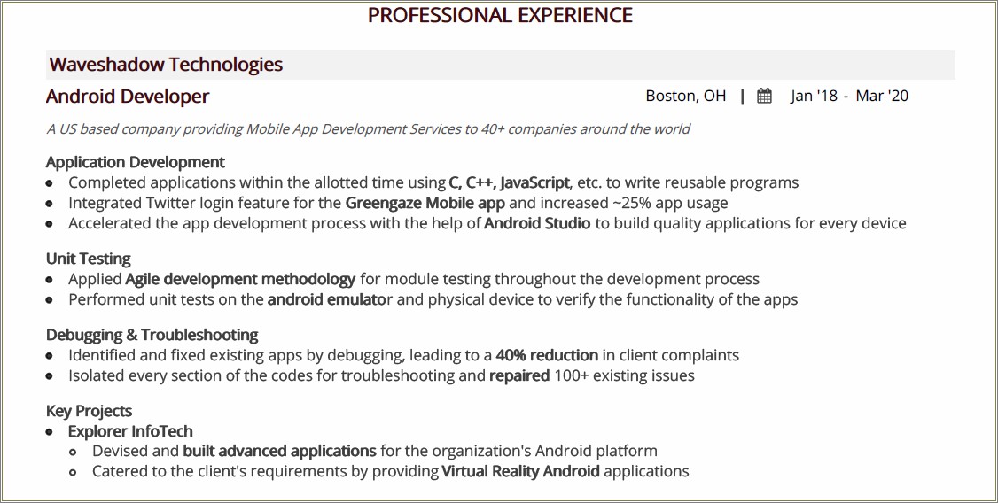 2 Years Experience Android Developer Resume