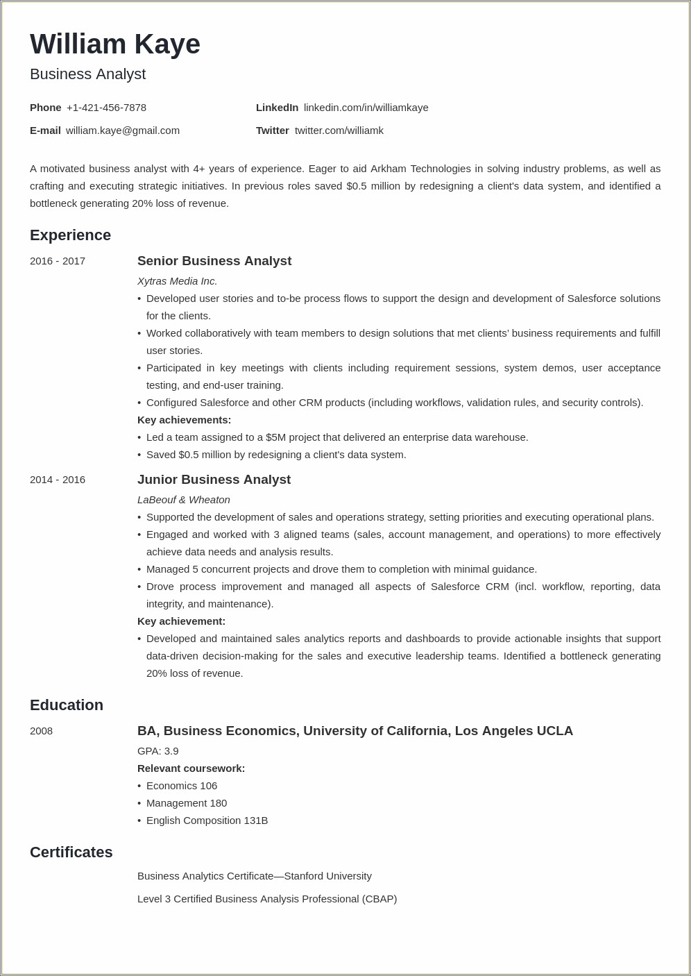 2 Years Experience Business Analyst Resume
