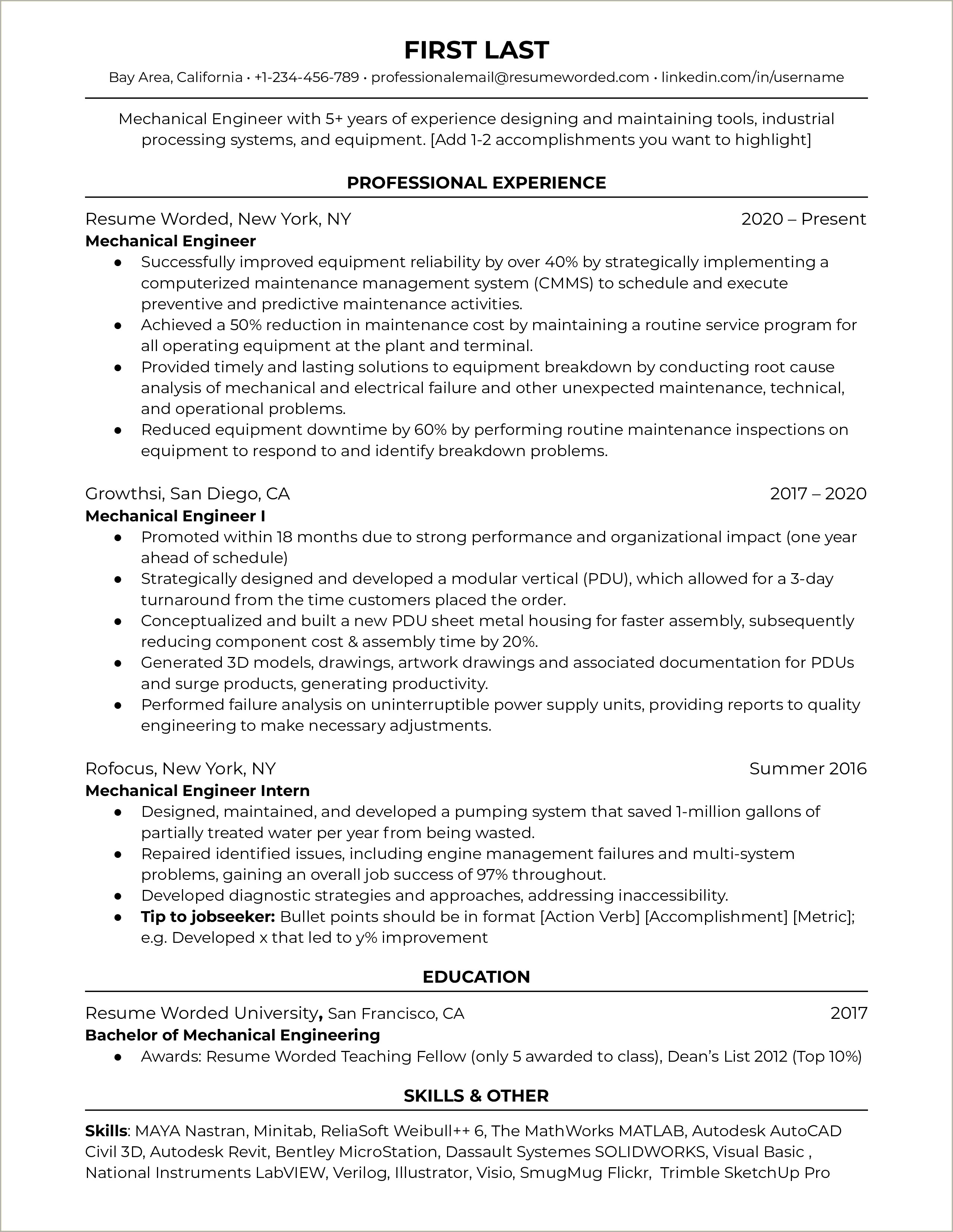 2 Years Experience Mechanical Design Engineer Resume